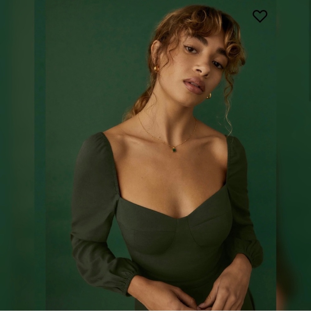 NWT Reformation Long Sleeve Dark Green Puff Sleeve Mini Dress